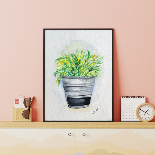 Framed artwork of a potted plant on a shelf with a pink wall background