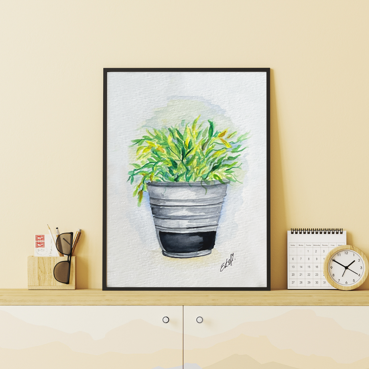Framed artwork of a potted plant on a shelf with decorative items.